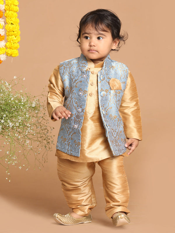 Jashvi SISHU Boy's Grey & Gold -Colored Woven Design Nehru Jacket