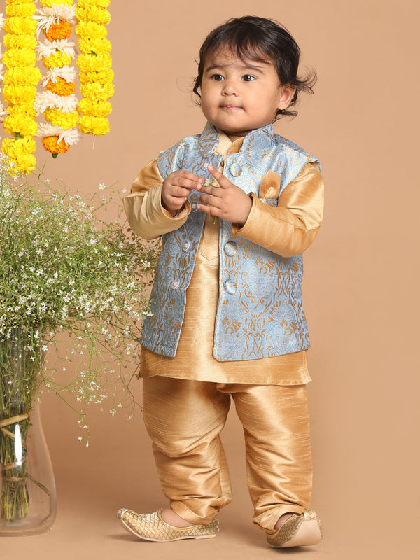 Jashvi SISHU Boy's Rose Gold Kurta Set With Grey Nehru Jacket Set