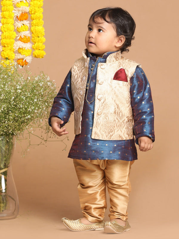 Jashvi Boy's Blue Printed Kurta with Rose Gold Pyjamas & Nehru Jacket