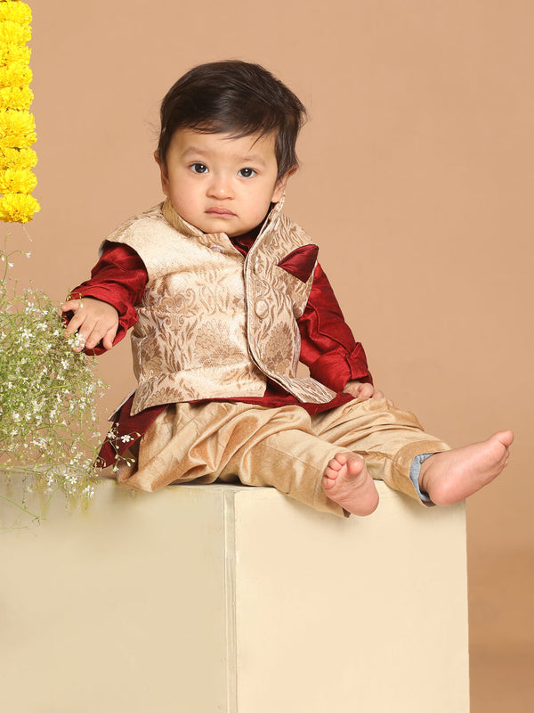 Jashvi Boy's Maroon Kurta With Rose Gold Dhoti Pant & Nehru Jacket Set