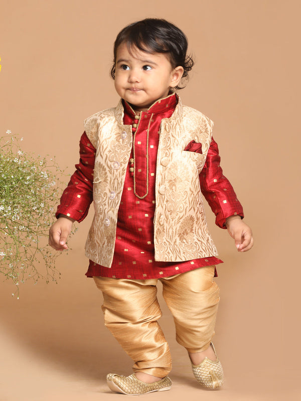 Jashvi SISHU Boy's Maroon Ethnic Motifs Woven Design Kurta with Rose Gold Pyjama And Jacket