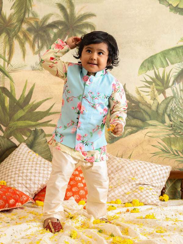 Jashvi Boys' Jacket With Yellow Floral Printed Cotton Kurta Pyjama Set