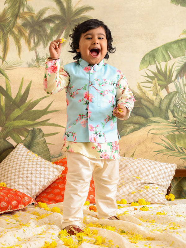 Jashvi Boys Aqua Blue Floral Printed Nehru Jacket