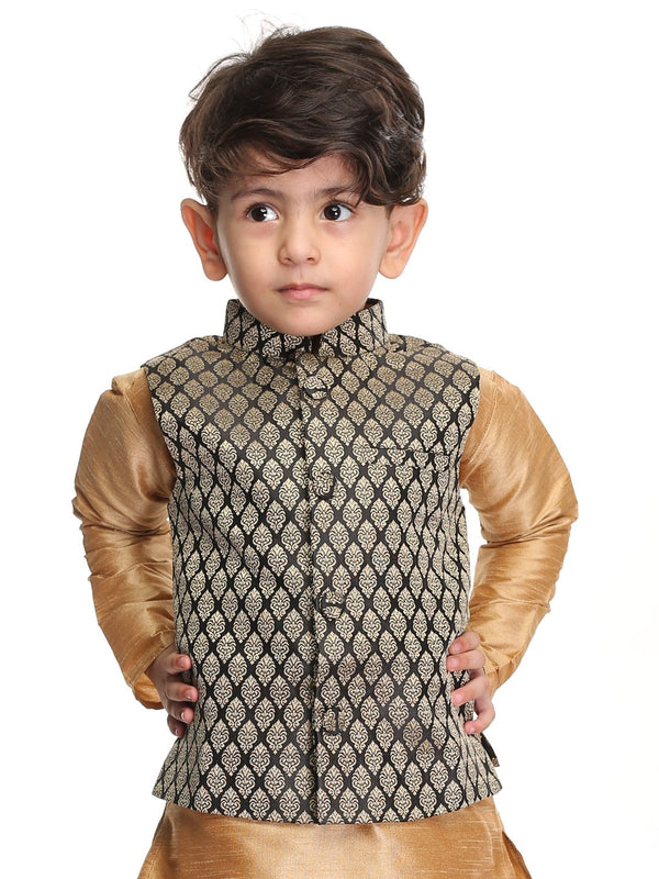 Jashvi SISHU Boy's Black and Gold Silk Blend Nehru Jacket