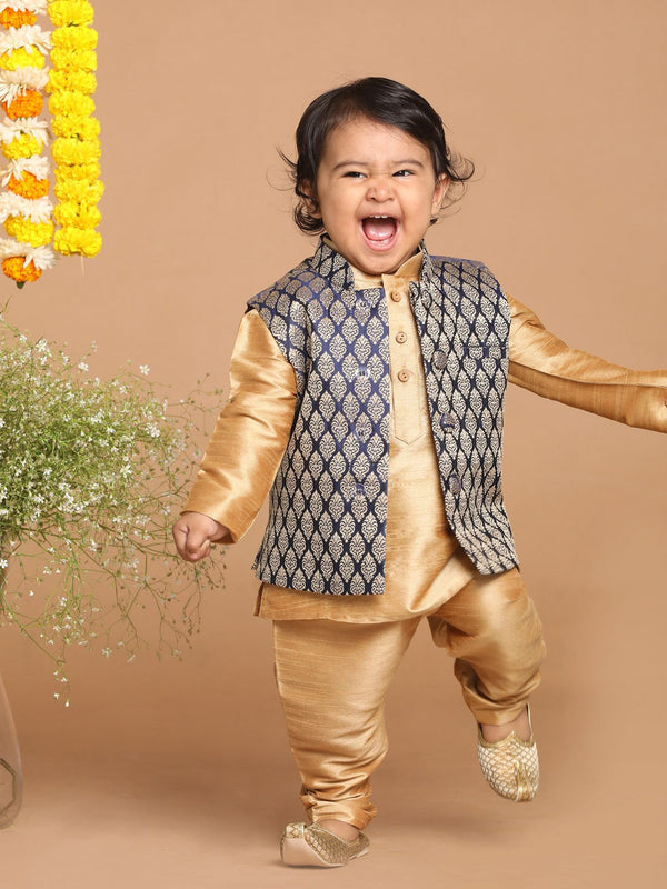 Jashvi SISHU Boy's Gold-Toned & Blue Kurta with Pyjama & Nehru Jacket