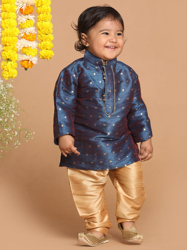 Jashvi Boy's Blue Woven Design Kurta And Rose Gold Pyjama Set