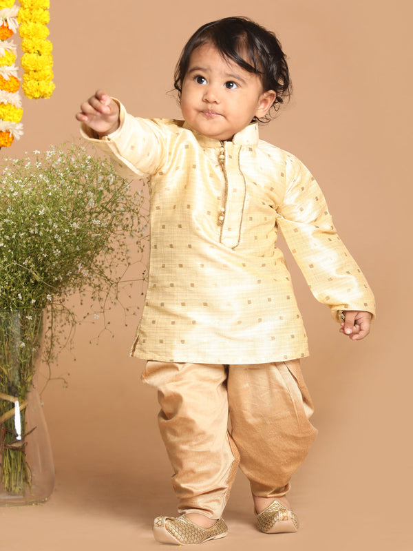 Jashvi Boy's Gold Woven Design Kurta With Dhoti Set