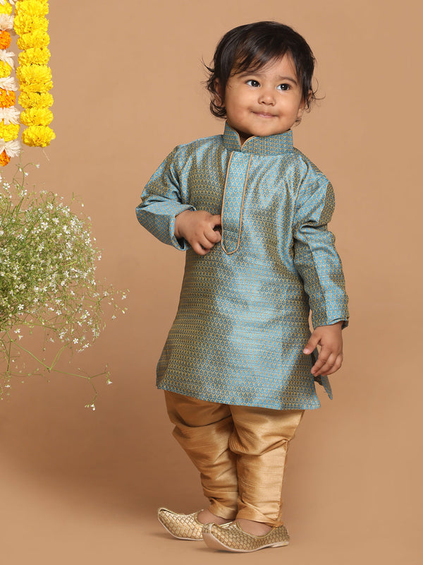 Jashvi SISHU Boys Blue Woven Kurta With Rose Gold Pyjama Set