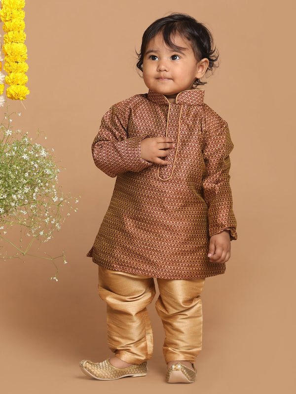 Jashvi SISHU Boy's Maroon Woven Design Kurta With Rose Gold Pyjama Set