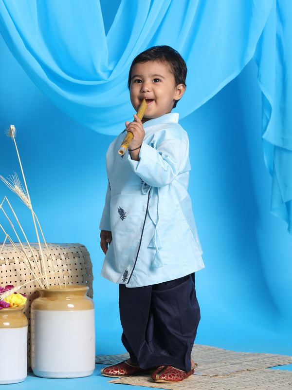 Jashvi SISHU Boy's Aqua Blue Embroidered Angrakha Style Krishna Kurta and Navy Blue Dhoti Set