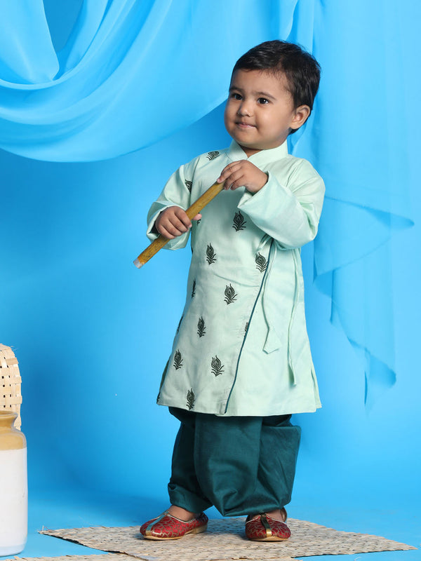 Jashvi SISHU Boy's Green Embroidered Angrakha Style Krishna Kurta and Green Dhoti Set