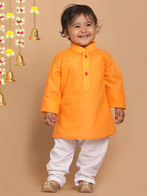 Jashvi Boy's Orange Color Kurta With White Pyjama Set