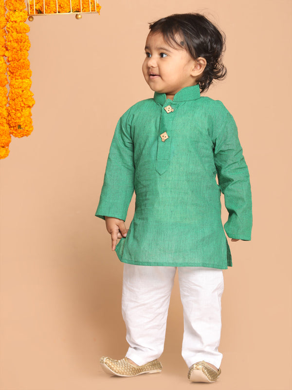 Jashvi Boy's Green Striped Pure Cotton Kurta With Pyjama Set