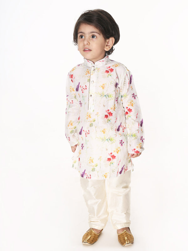 Jashvi Boys Multicolor-Base-Cream Cotton Blend Kurta Pyjama Set