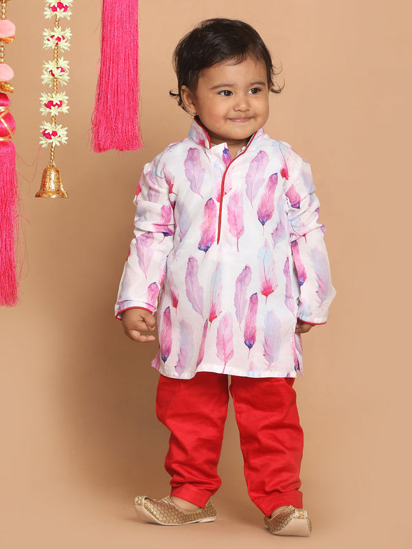 Jashvi Boy's White Printed Kurta With Red Pyjama Set