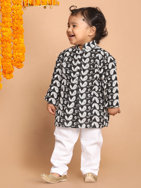 Jashvi SISHU Boy's Black Chikankari Pure Cotton Kurta With White Pyjama Set