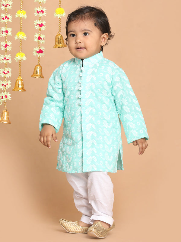 Jashvi SISHU Boy's Green Chikankari Pure Cotton Kurta With White Pyjama Set