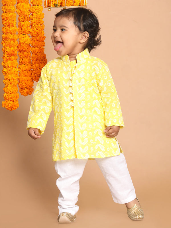 Jashvi SISHU Boy's Mustard Floral Chikankari Pure Cotton Kurta with Pyjama