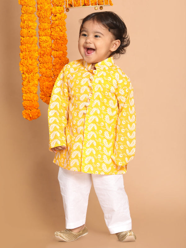 Jashvi SISHU Boy's Orange Floral Chikankari Pure Cotton Kurta With White Pyjama Set