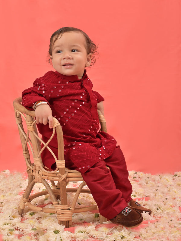 Jashvi SISHU Boys' Maroon Mirror Work Kurta Pyjama Set