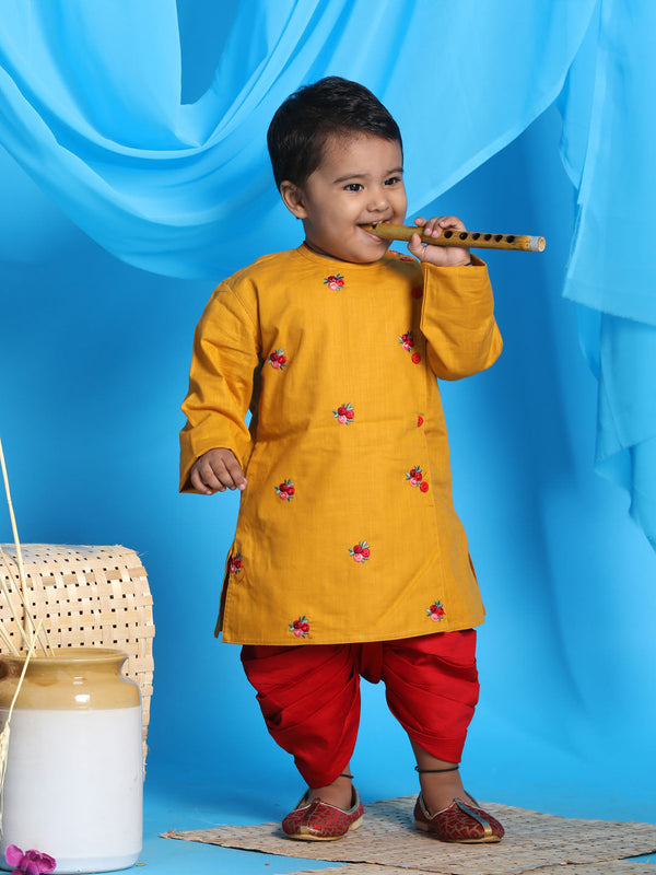 Jashvi SISHU Boy's Mustard Floral Motif Embroidered Kurta and Red Dhoti Set