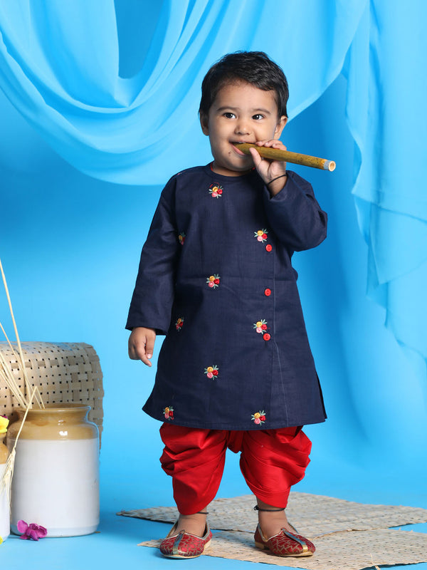 Jashvi SISHU Boy's Navy Blue Floral Motif Embroidered Kurta and Red Dhoti Set