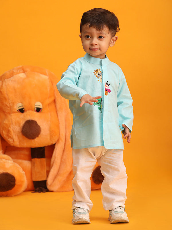 Jashvi Boy's Aqua Blue and White Cotton Kurta Pyjama Set