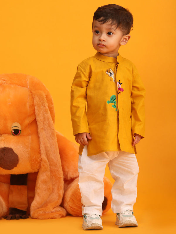 Jashvi Boy's Mustard and White Cotton Kurta Pyjama Set