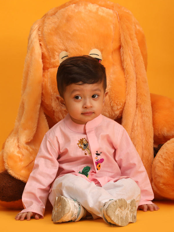 Jashvi Boy's Pink and White Cotton Kurta Pyjama Set