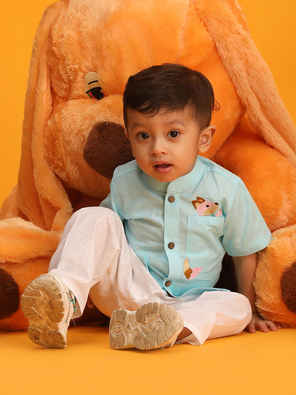 Jashvi Boy's Aqua Blue and White Embroidered Cotton Kurta Pyjama Set