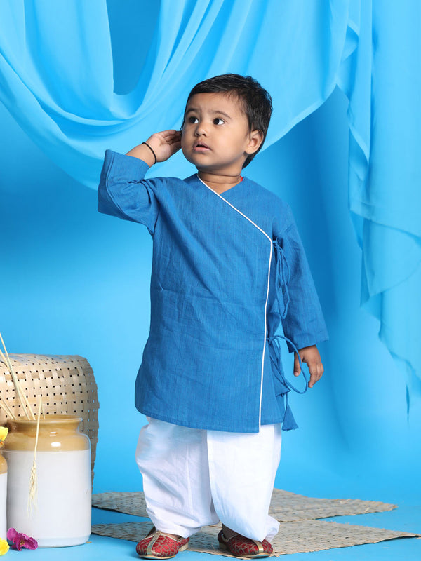 Jashvi SISHU Boy's Blue Angrakha Style Krishna Kurta and White Dhoti Set