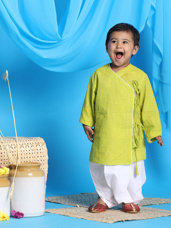 Jashvi SISHU Boy's Green Angrakha Style Krishna Kurta and White Dhoti Set