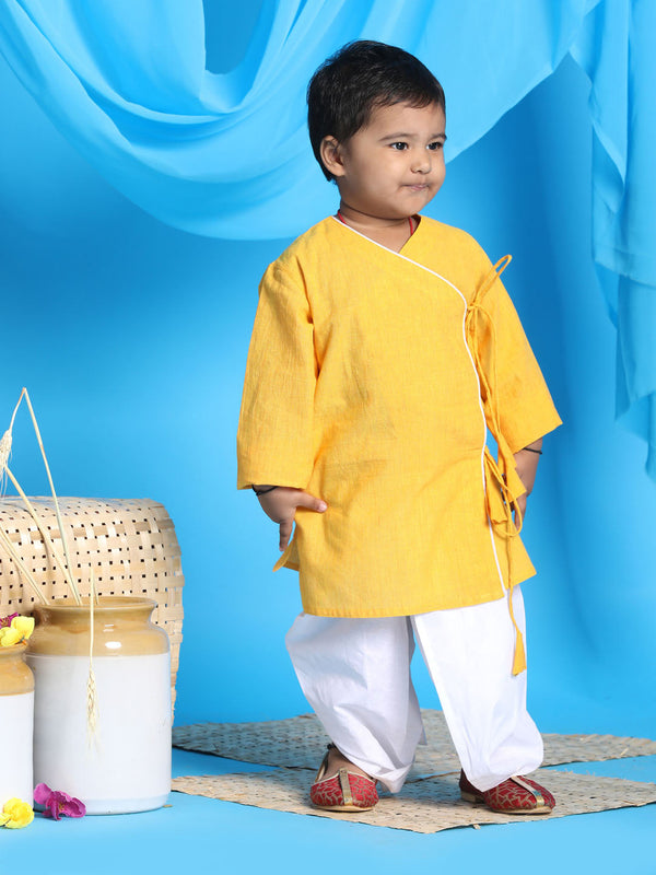 Jashvi SISHU Boy's Mustard Angrakha Style Krishna Kurta and White Dhoti Set