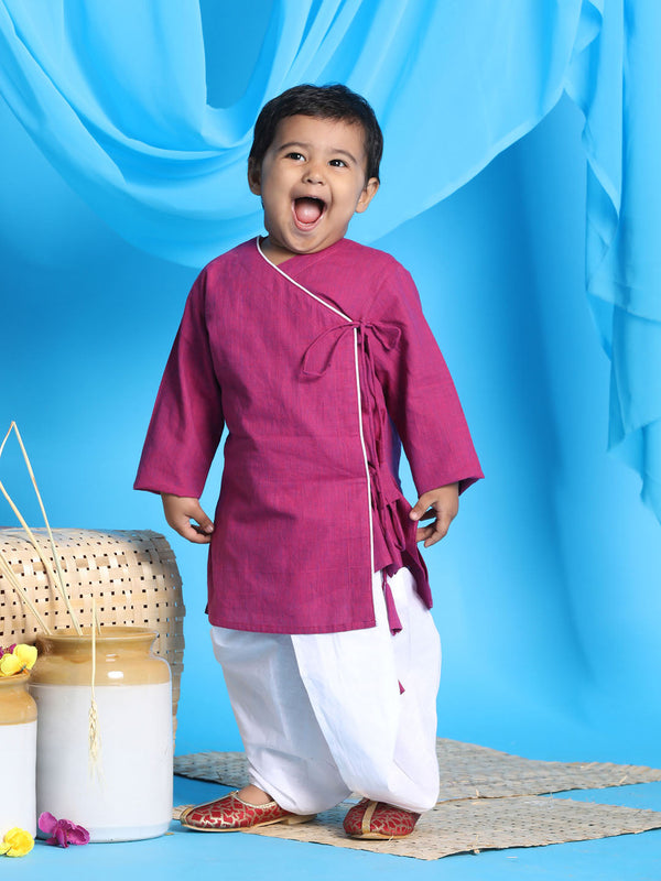 Jashvi SISHU Boy's Pink Angrakha Style Krishna Kurta and White Dhoti Set