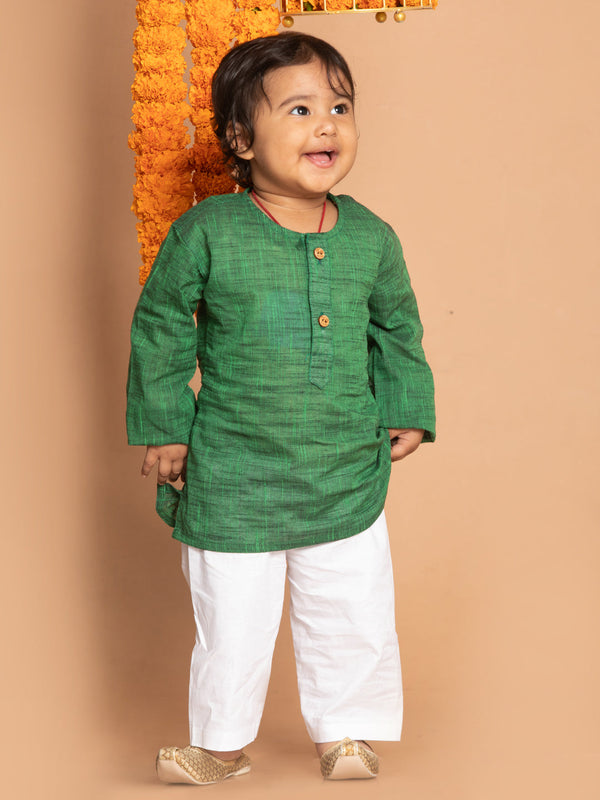 Jashvi Boys' Green Cotton Kurta and White Pyjama Set