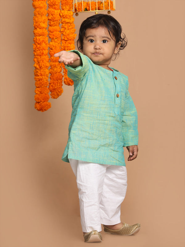 Jashvi Boy's Parrot Green Cotton Kurta and White Pyjama Set