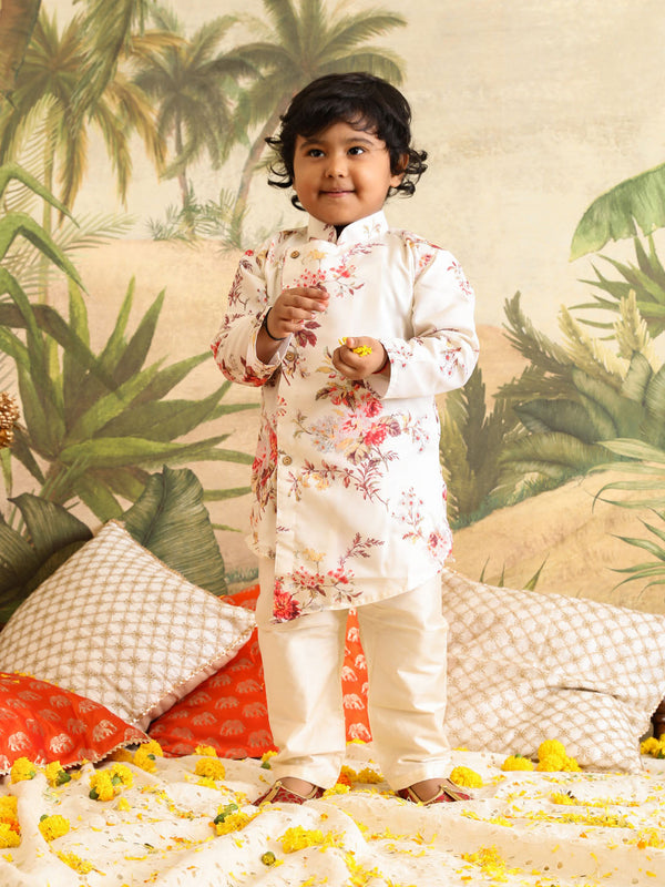 Jashvi Boy's Cream Floral Printed Angrakha Kurta Pyjama Set