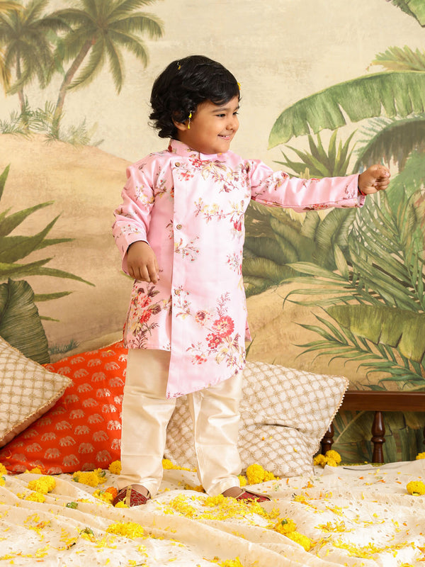 Jashvi SISHU Boy's Pink Floral Printed Angrakha Kurta Pyjama Set