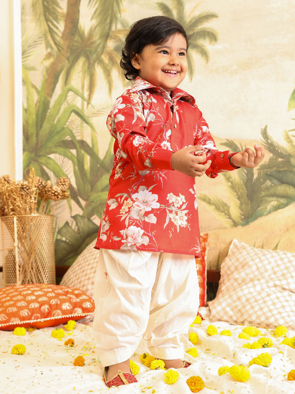 Jashvi SISHU Boy's Red Floral Printed Kurta Patiala Set