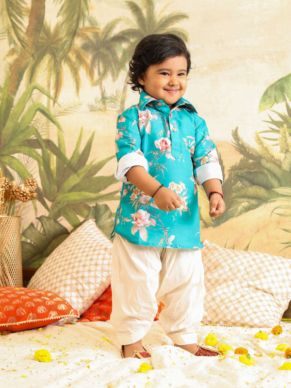 Jashvi SISHU Boy's Turquoise Blue Floral Printed Kurta Patiala Set