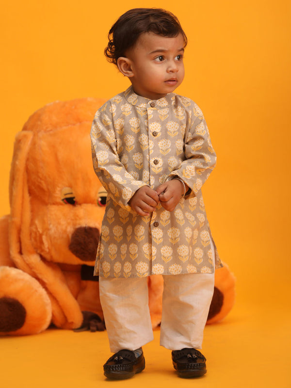 Jashvi Boy's Gray Floral Printed Cotton Kurta Pyjama Set