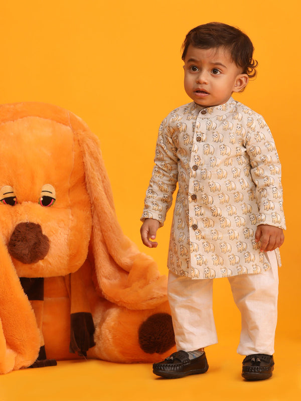 Jashvi SISHU Boy's Beige Panda Printed Cotton Kurta Pyjama Set