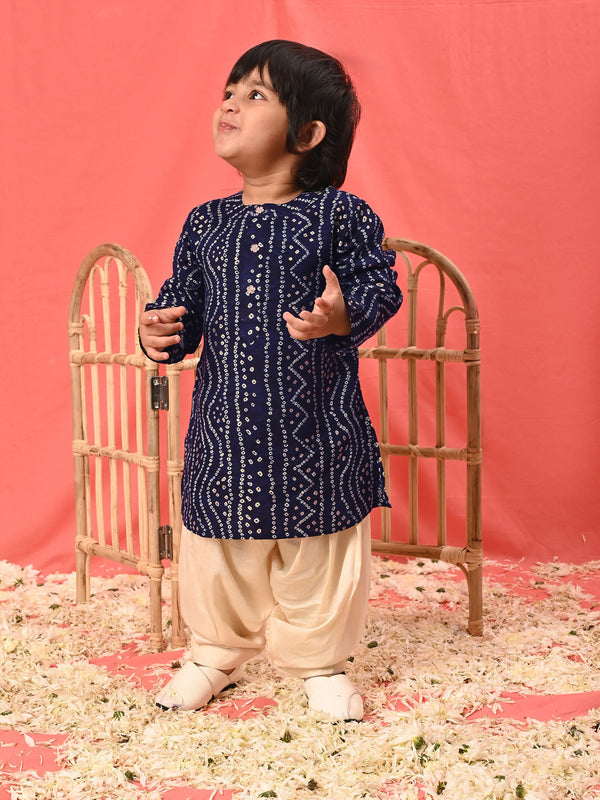 Jashvi Boys' Navy Blue Bandhni Kurta And Patiala Set