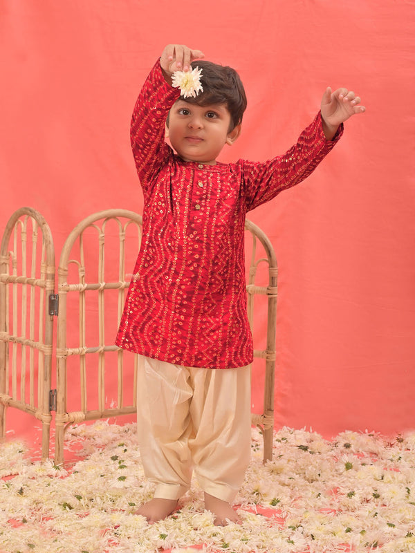 Jashvi Boys' Red Bandhni Kurta And Patiala Set