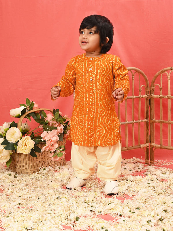 Jashvi Boys' Yellow Bandhni Kurta And Patiala Set