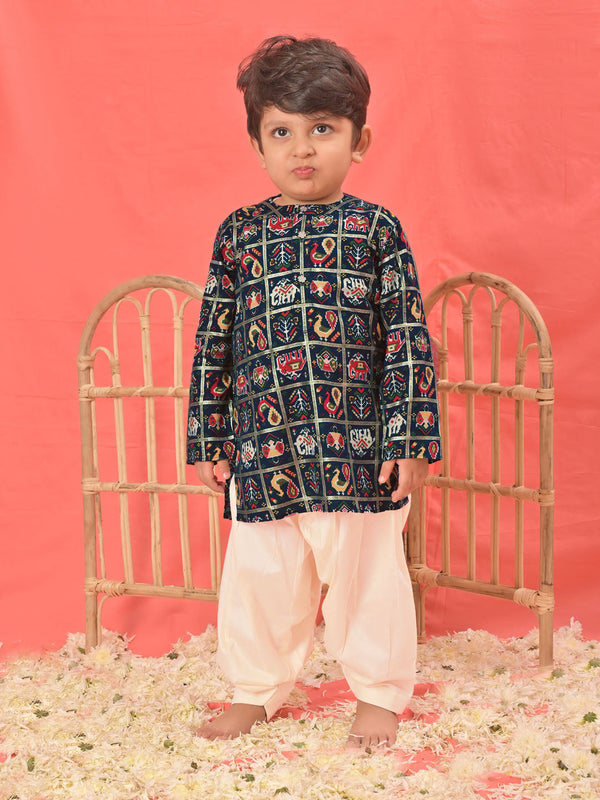 Jashvi SISHU Boys' Blue Patola Print Festive Kurta Pyjama Set