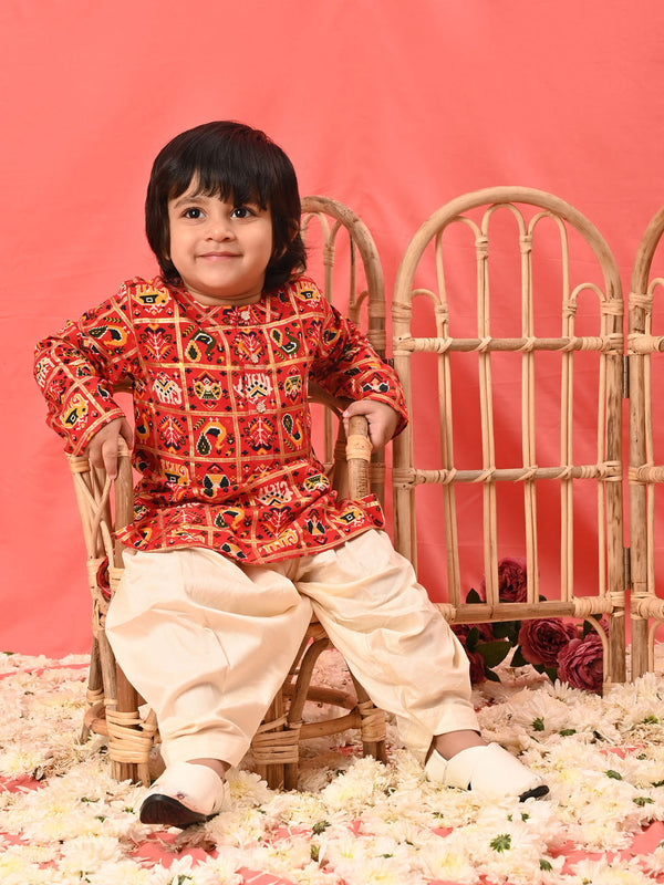 Jashvi Boys' Red Patola Print Festive Kurta Pyjama Set