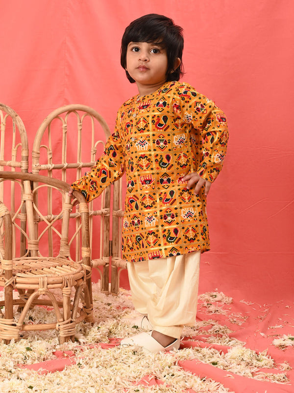 Jashvi Boys' Yellow  Patola Print Festive Kurta Pyjama Set