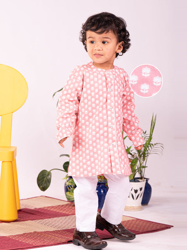 Jashvi Infant Boys Pink And White Cotton Kurta Pyjama Set