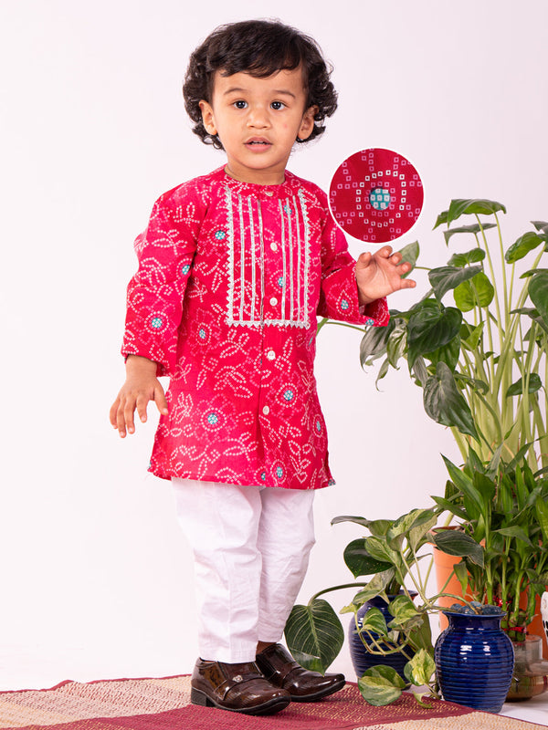 Jashvi Infant Boys Pink And White Cotton Kurta Pyjama Set